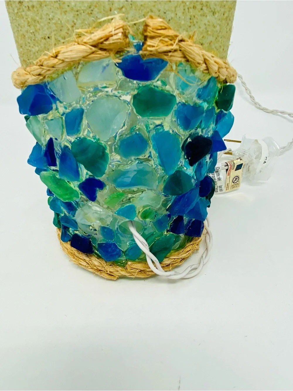 Handmade 1.5L Sand & Seaglass Light Up Coastal Decor with Rope Detail